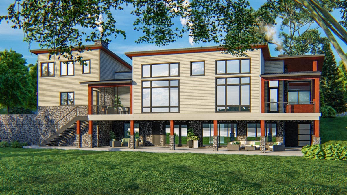 Modern house plan exterior with stone foundation, multiple levels, large windows, and covered patios.