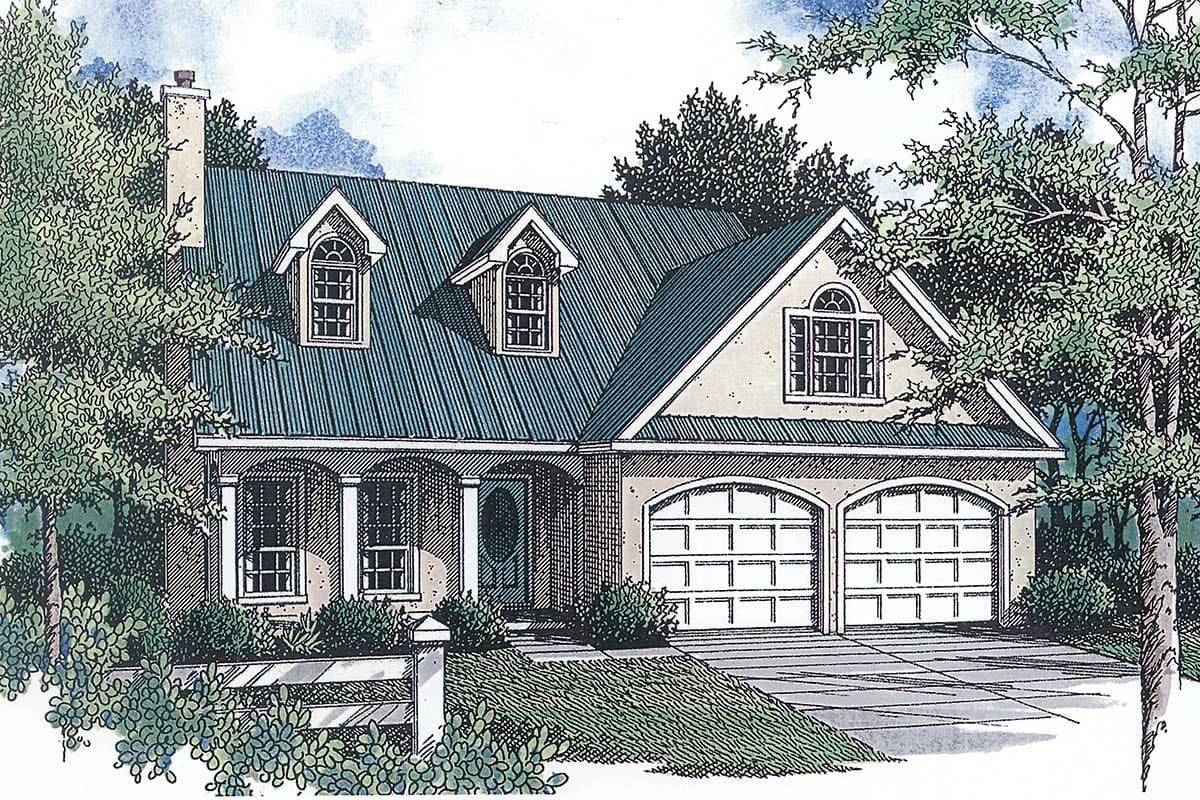 House plan exterior: Two-story Modern Farmhouse with metal roof, dormers, covered porch, and double garage.