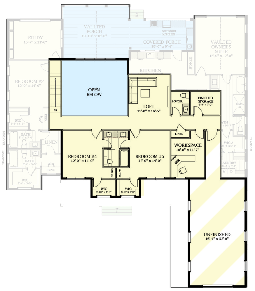 Plan 46473LA: 2-Level Modern Farmhouse Plan with Study and Summer Kitchen - Floor Plan - 2nd Floor - Country, Craftsman, Modern Farmhouse, New American