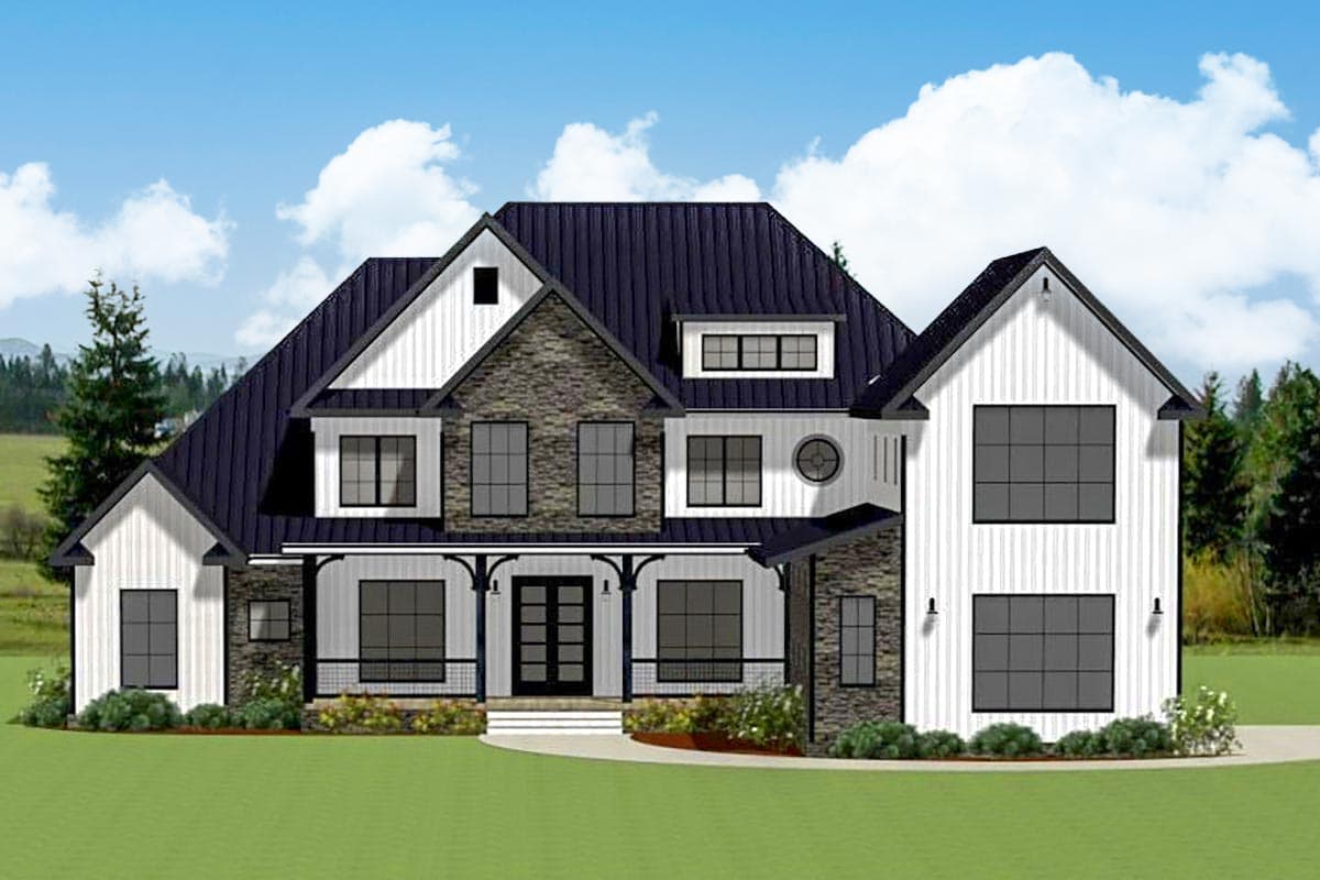 House plan exterior. Two-story Modern Farmhouse with stone and board-and-batten siding. Features include a front porch, gables, and a dark metal roof.