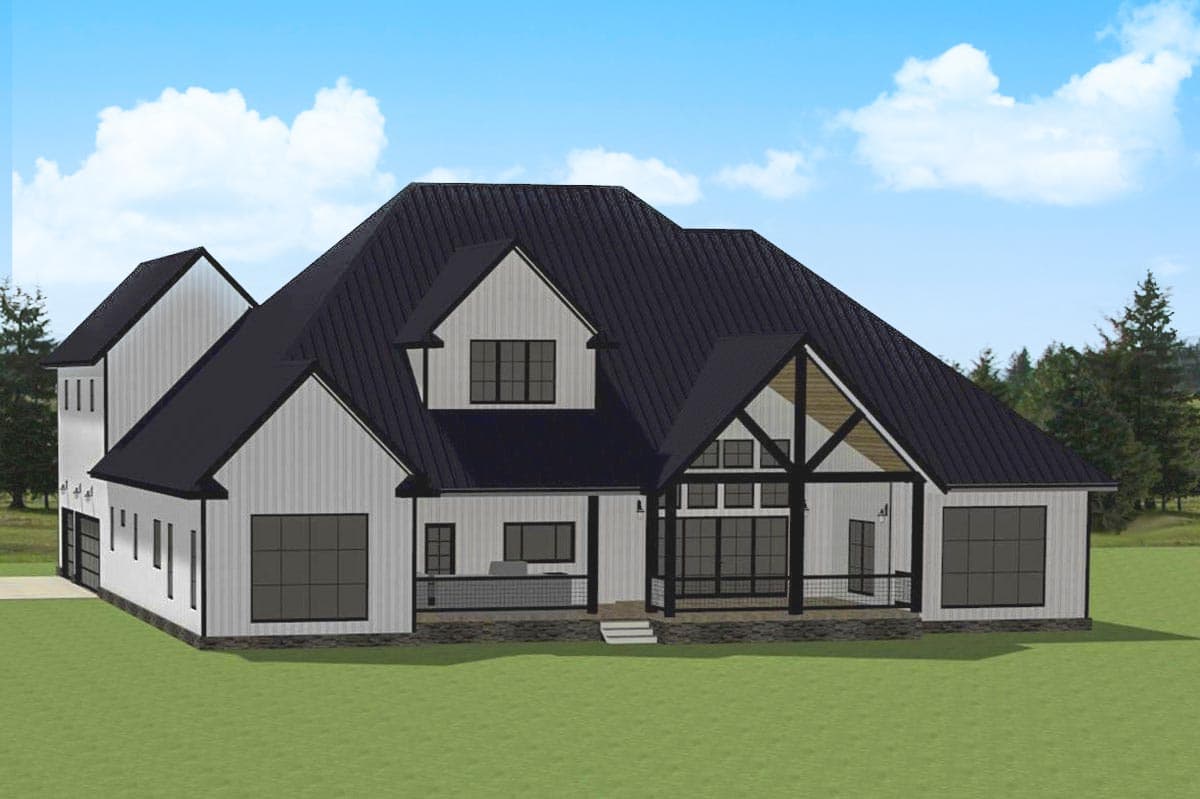 Modern Farmhouse house plan exterior with white board-and-batten siding, black metal roof, gables, and large windows.