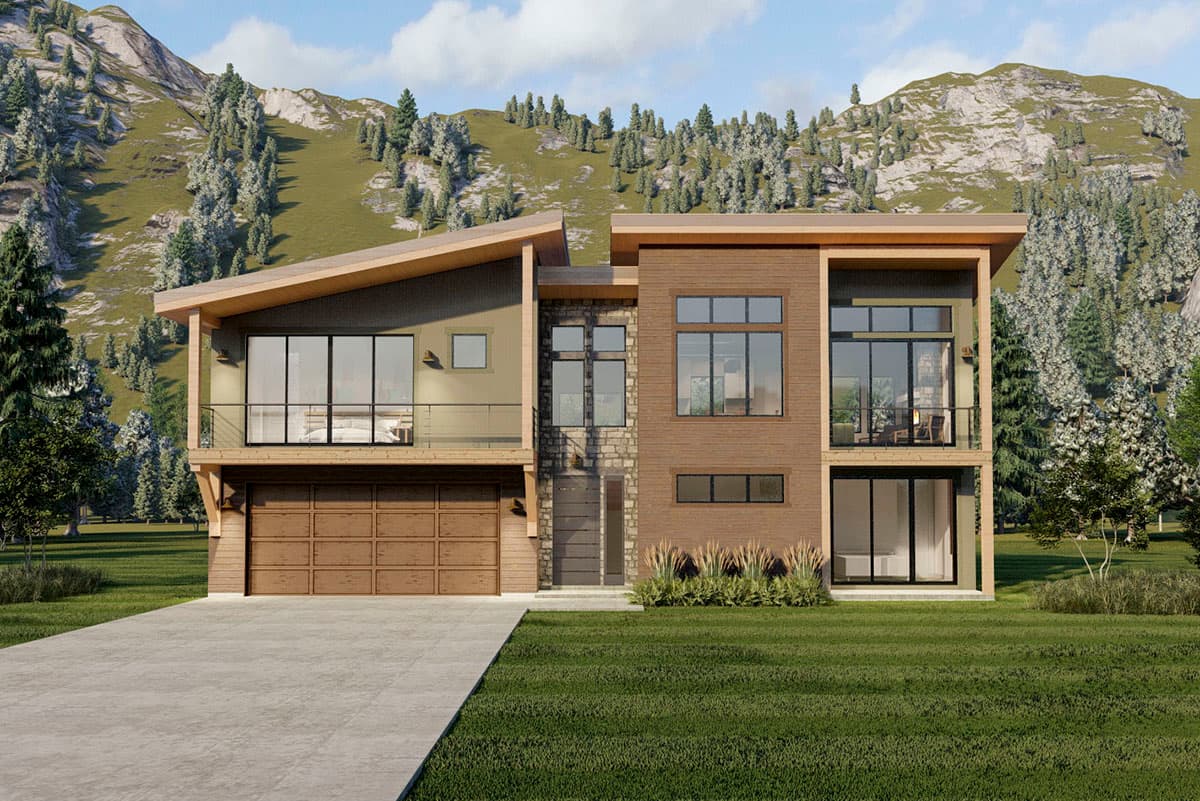 House plan exterior. Modern style with flat and shed rooflines. Two-story house with balcony, floor-to-ceiling windows, and attached garage.