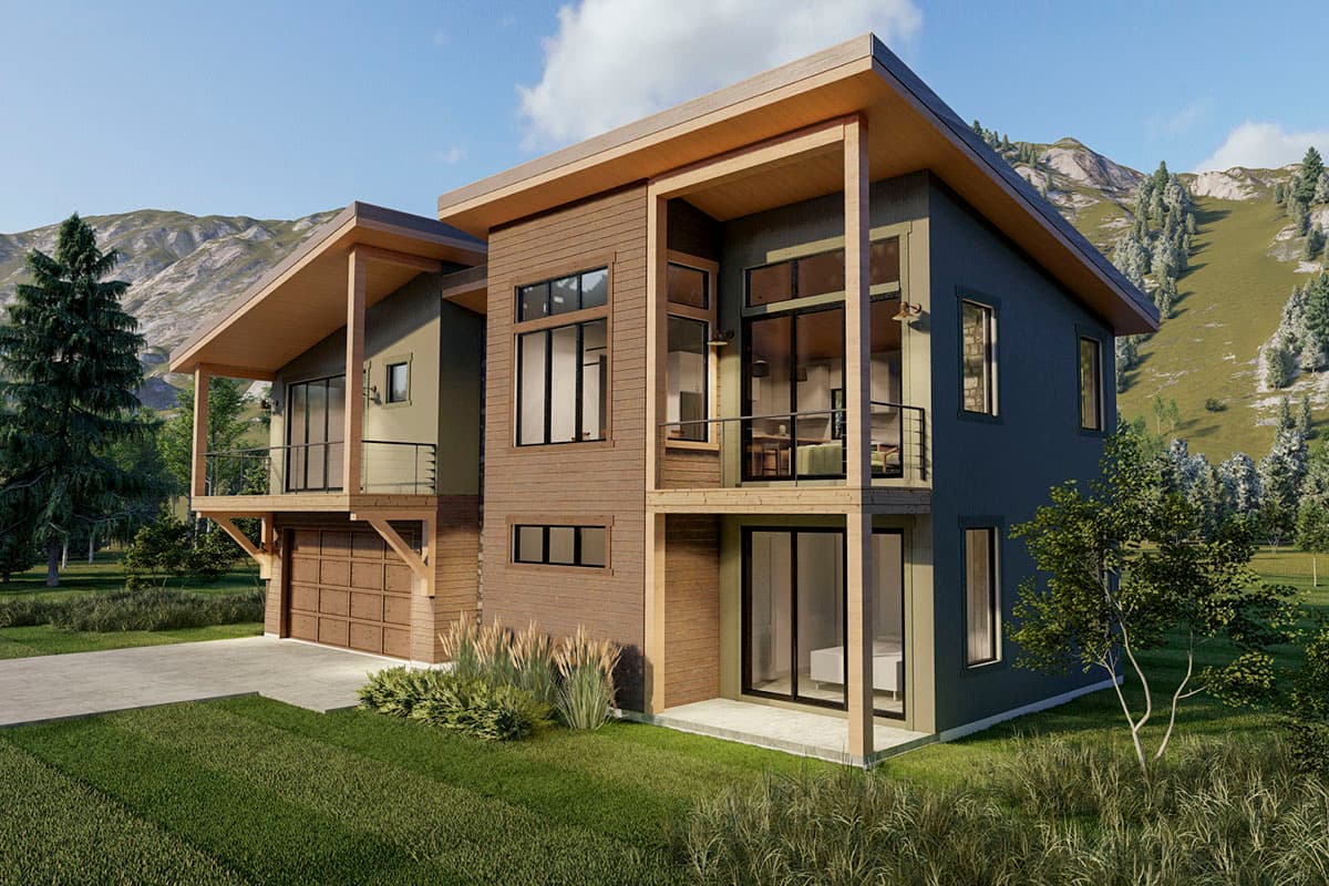 Modern two-story house plan exterior with wood siding, large windows, balconies, and an attached garage.