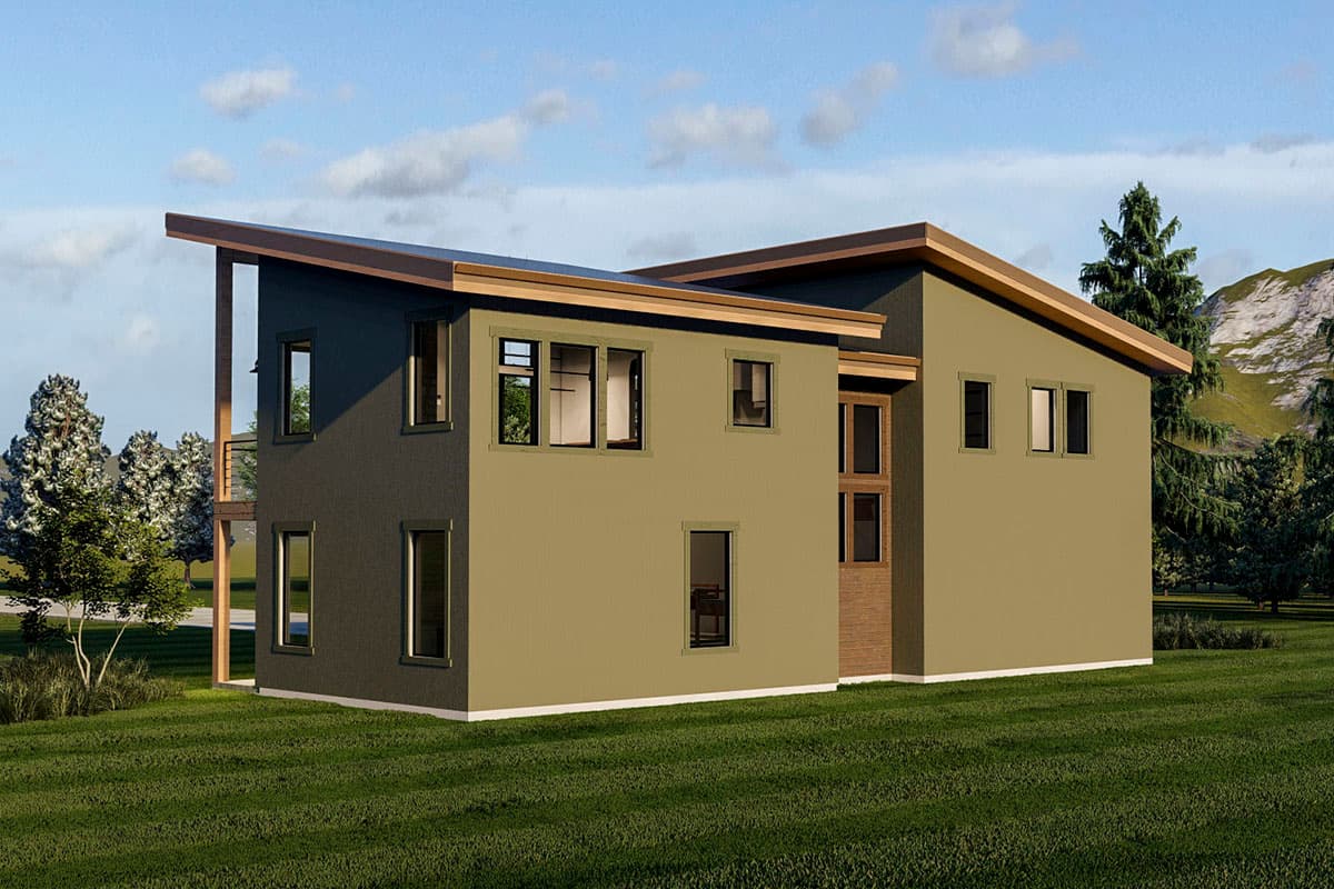 Modern house plan exterior, two stories, with a prominent asymmetrical roofline, large windows, and a wood-paneled entry.
