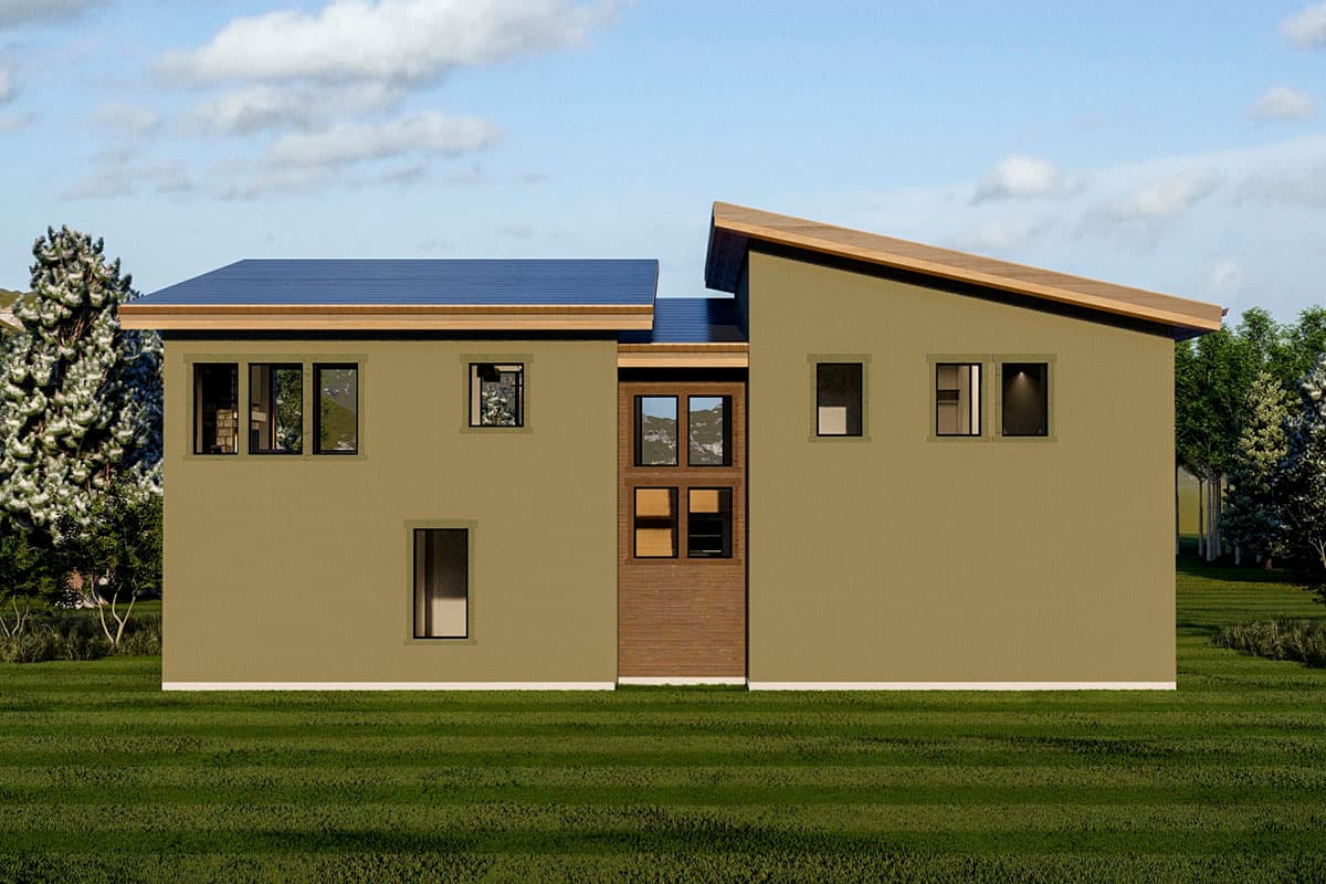 House plan exterior with modern style, asymmetrical rooflines, varied window sizes, and central wood-clad section.