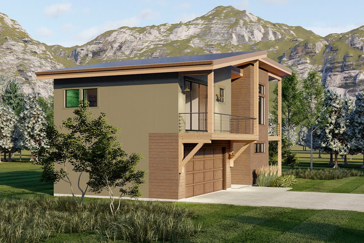 Modern two-story house plan exterior with a pitched roof, balcony, and attached garage.
