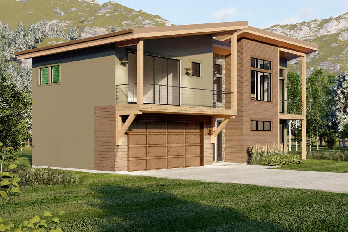Modern house plan exterior with two stories, covered balcony, wood siding, stone accents, and attached garage.