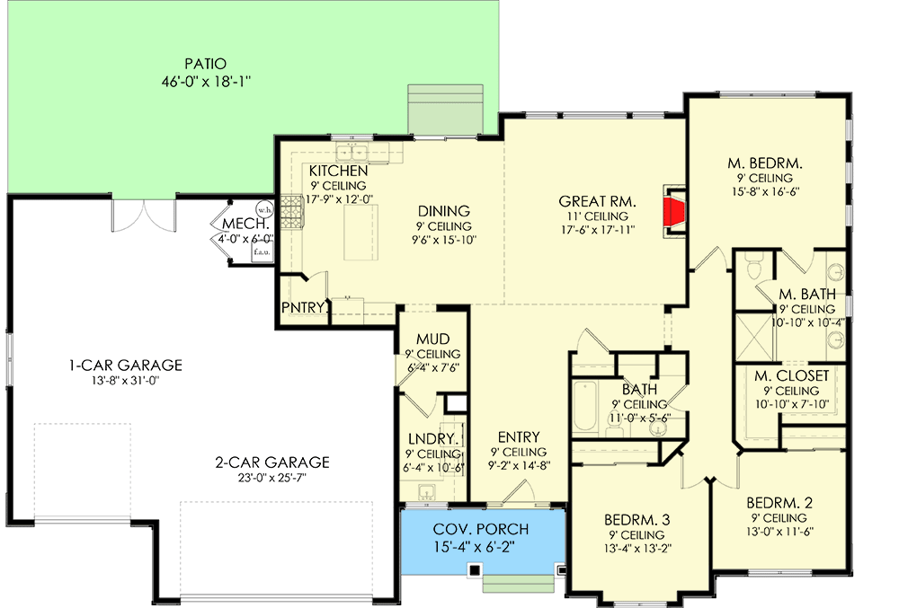 Plan 490043NAH: 3-Bed One-story 1999 Sq Ft Home Plan with Large 3-Car Garage - Floor Plan - Optional Main Level Slab/Crawl