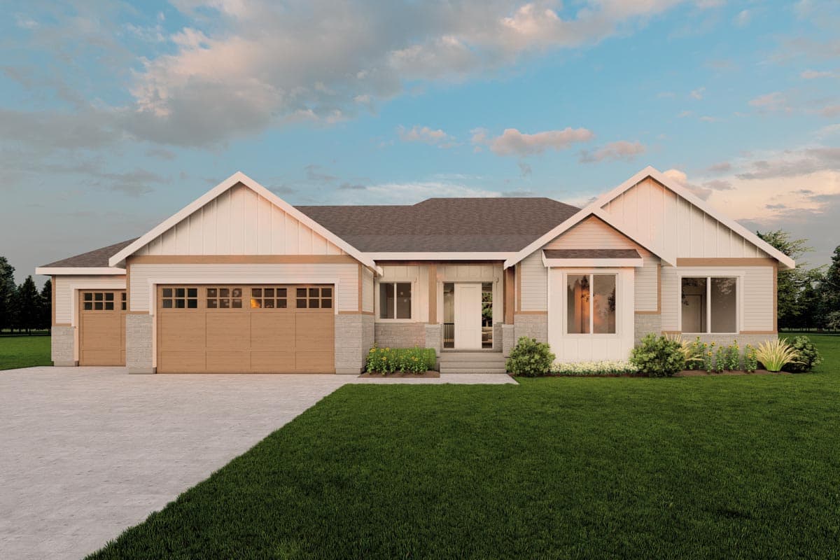 House plan exterior with Craftsman style, one story, gabled roof, garage with two doors, and a front entry porch.