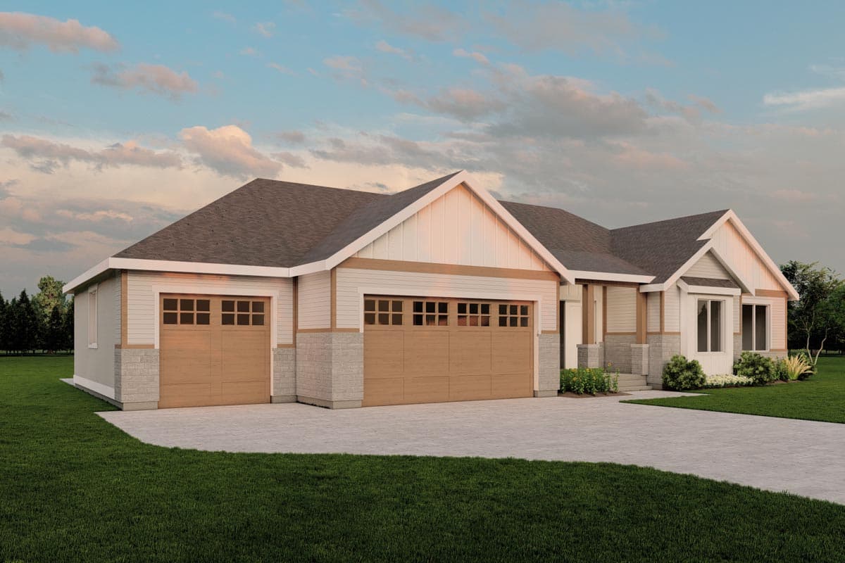 House plan exterior: Ranch style with a three-car garage, gable details, stone accents, and a covered entry.