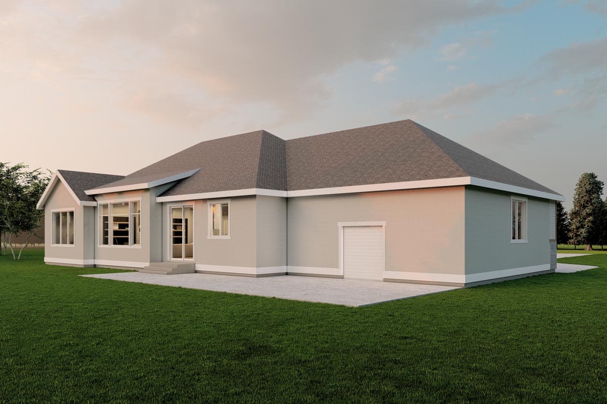 House plan exterior, one-story dwelling with gabled entrance, large windows, sliding glass doors, patio, and garage.