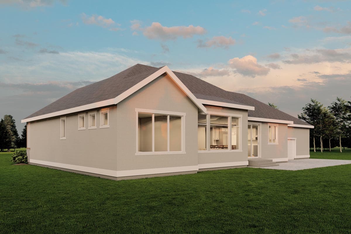 House plan exterior rendering of a one-story contemporary home with a hip roof, large windows, and a two-car garage.