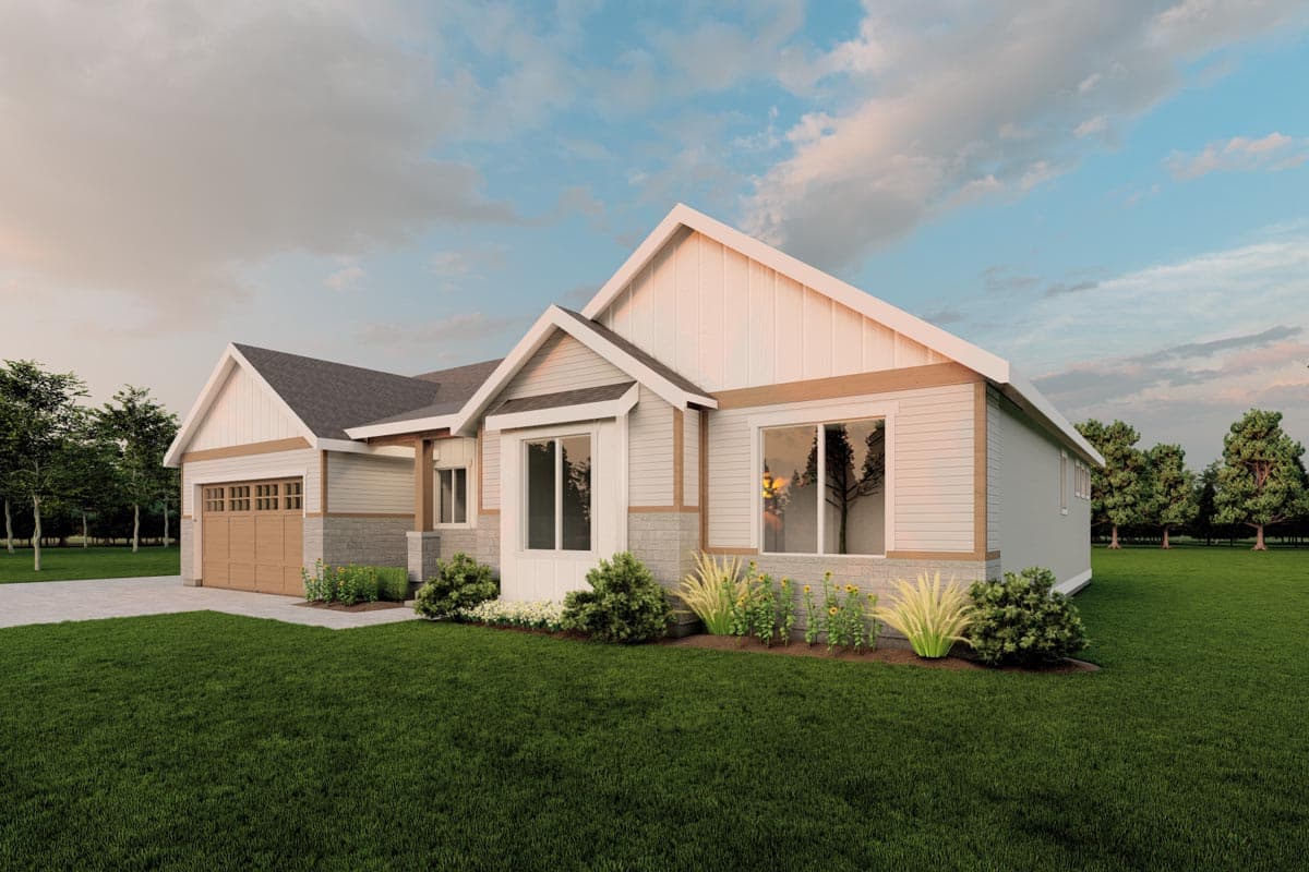 Modern Farmhouse style house plan exterior with a two-car garage, gable rooflines, and stone accent siding.