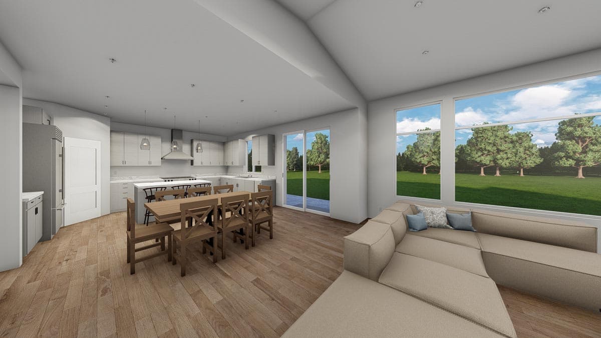 Open concept interior rendering showing kitchen with island, dining area, and living space with large windows overlooking a lawn.