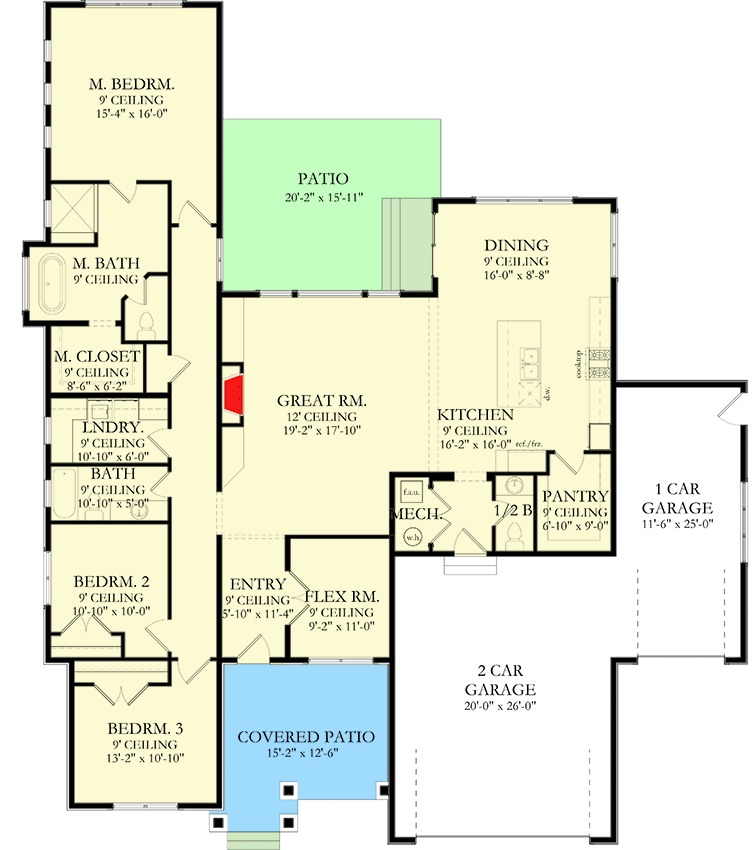 Plan 490044NAH: Traditional Home Plan with Flex Room and 3-car Garage - Floor Plan - Main Level - Slab/Crawl Option - Country, New American, Ranch, Traditional