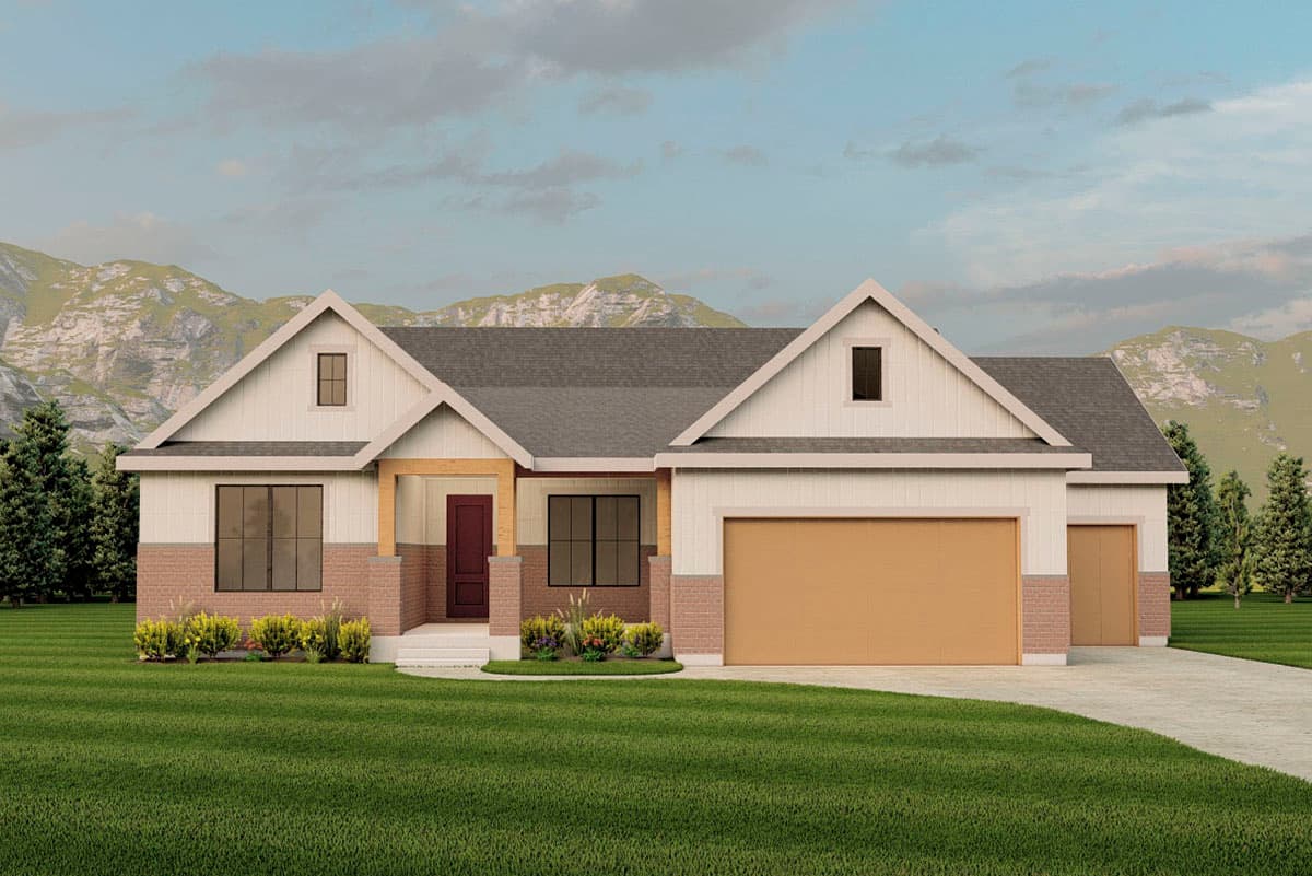 House plan exterior. Modern Farmhouse style with two gables, dormers, brick accents, and attached garage. Single story.