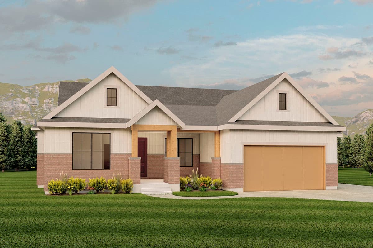 Modern Farmhouse house plan exterior with board and batten siding, brick base, gable dormers, and a two-car garage.