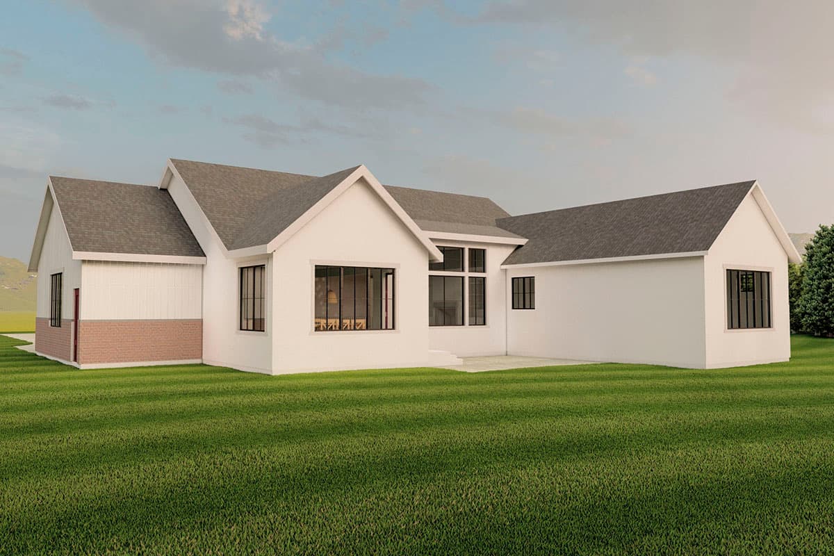 House plan exterior: one-story Modern Farmhouse with gabled roofs, white siding, brick base, and large windows.