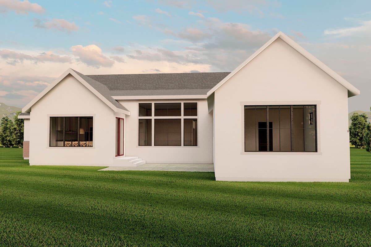 Modern house plan exterior: one-story with gabled roof, prominent gable, and large-pane windows.