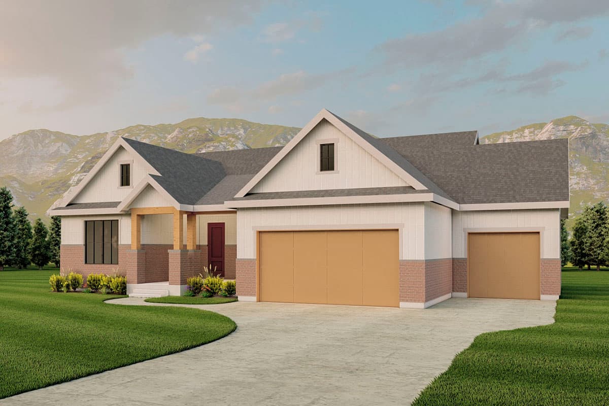 Modern Farmhouse house plan exterior, one story, with a covered porch, gables, and a three-car garage.