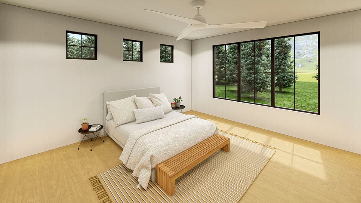 Bedroom rendering with king bed, bench, area rug, ceiling fan, and large windows overlooking trees and landscape.