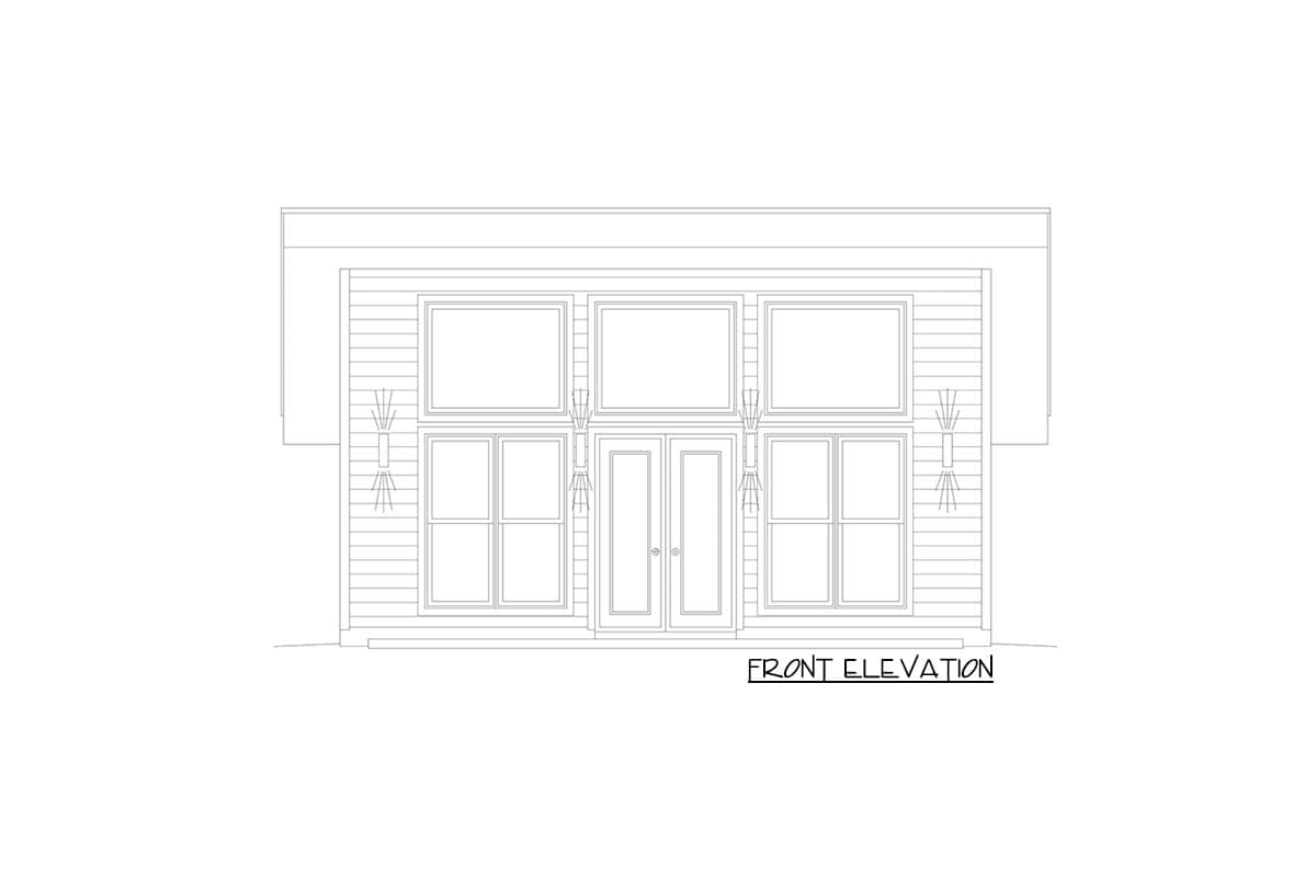 Front elevation drawing of a house plan showing a central double door, multiple windows, and horizontal siding.