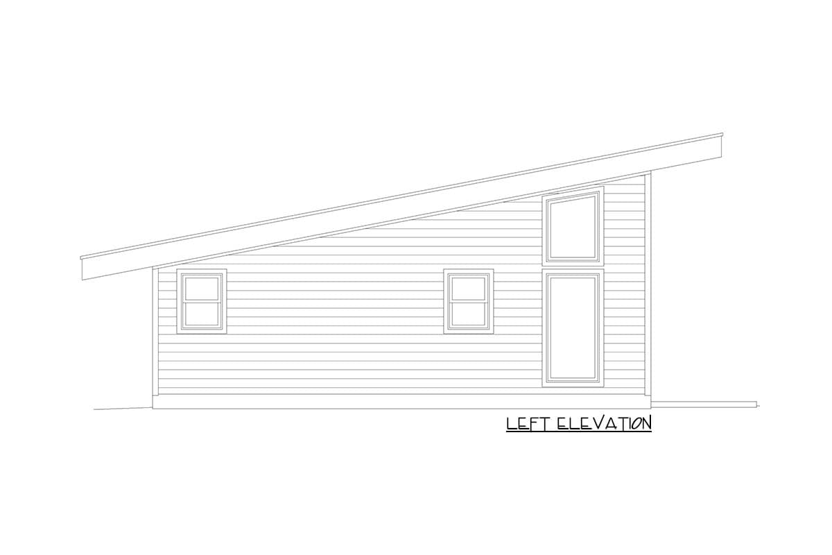 Left elevation of a house plan featuring a slanted roofline, horizontal siding, and three windows.