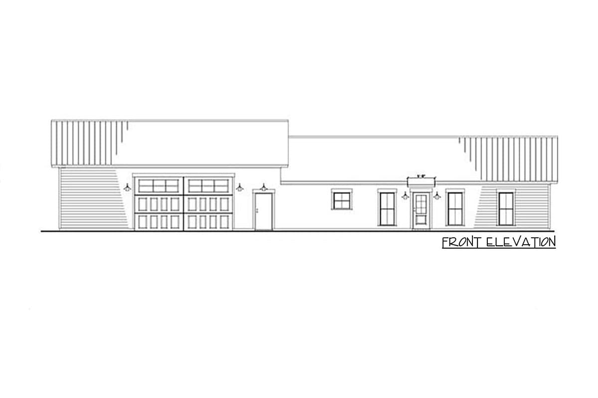 Front elevation house plan showing a wide garage door, a front door, and several windows.