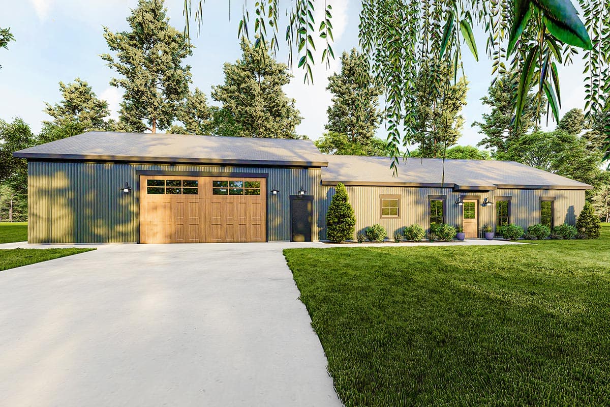 House plan exterior. Ranch style with a single story. Features include a large garage door, corrugated metal siding, and a gabled roofline.