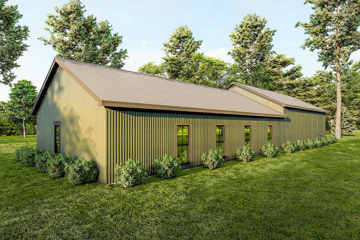 House plan exterior: Modern style, single-story, metal siding, gable roof, and multiple windows.