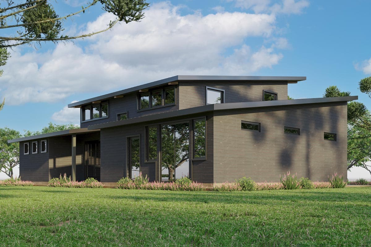 Modern house plan exterior with a low-pitched roof, horizontal siding, and extensive windows. Features a covered entrance and multi-story design.