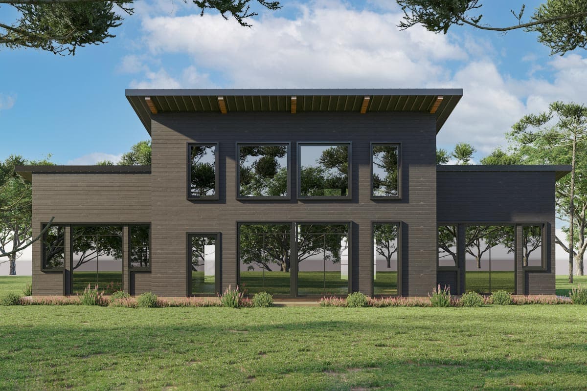House plan exterior: two-story modern home with flat roof, horizontal siding, and extensive large windows.