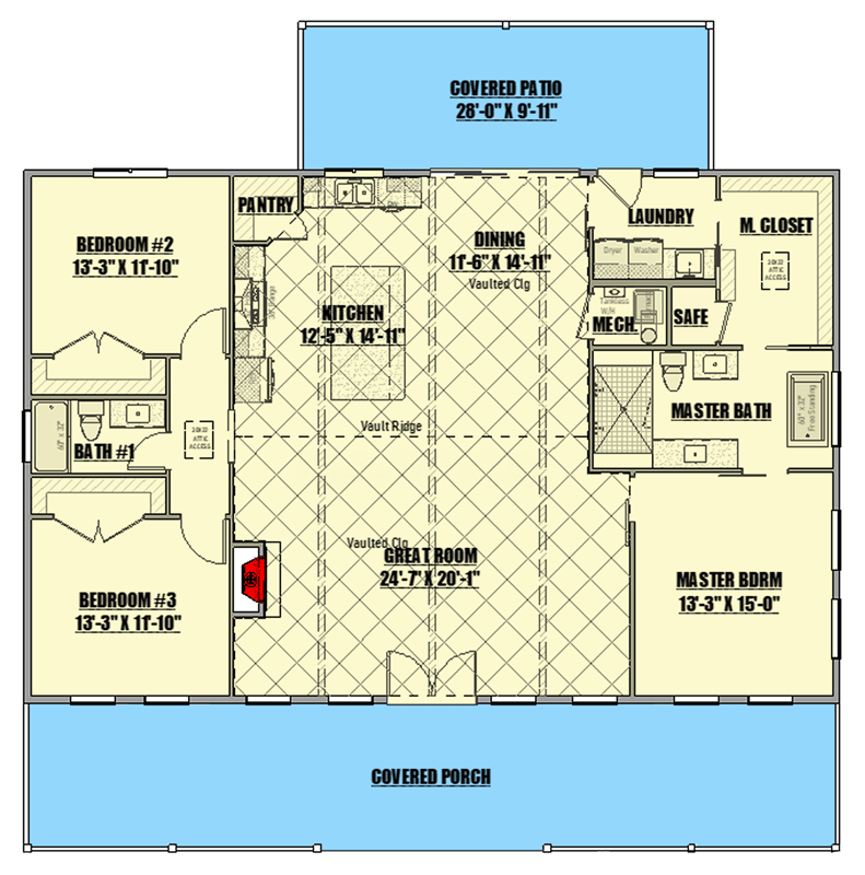Plan 400010FTY: 3-Bed Rustic Ranch Plan with 10'-Deep Porch - Floor Plan - Main Level - Country, Craftsman, Mountain, Ranch, Rustic