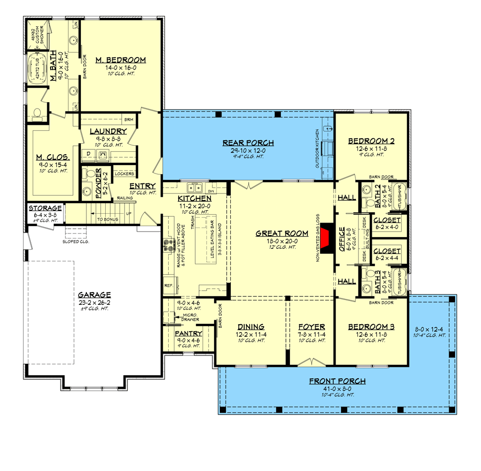 Plan 51917HZ: Modern Farmhouse Plan with L-Shaped Front Porch and Master Suite Laundry - Floor Plan - Main Level - Country, Farmhouse, Modern Farmhouse, Traditional