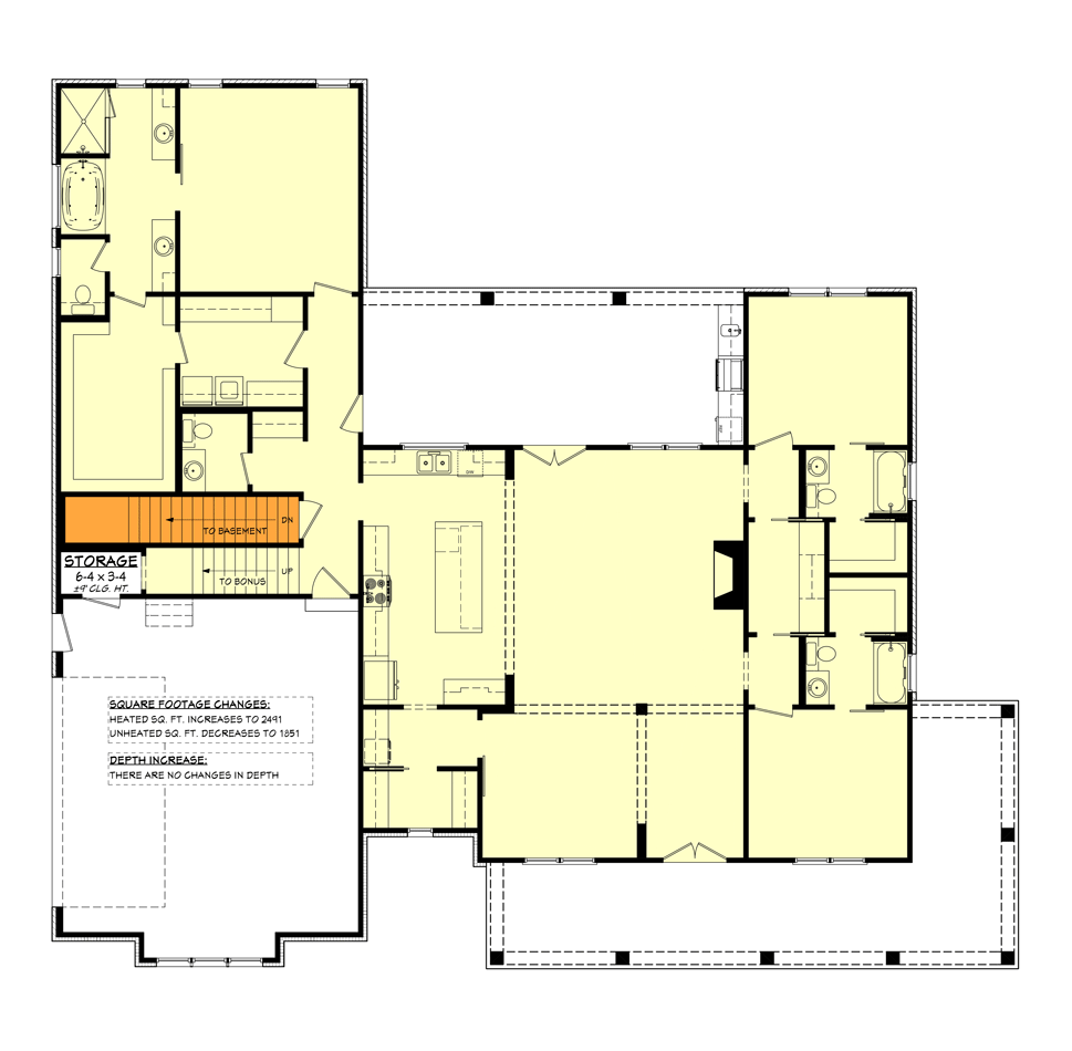 Plan 51917HZ: Modern Farmhouse Plan with L-Shaped Front Porch and Master Suite Laundry - Floor Plan - Basement Stairs - Country, Farmhouse, Modern Farmhouse, Traditional