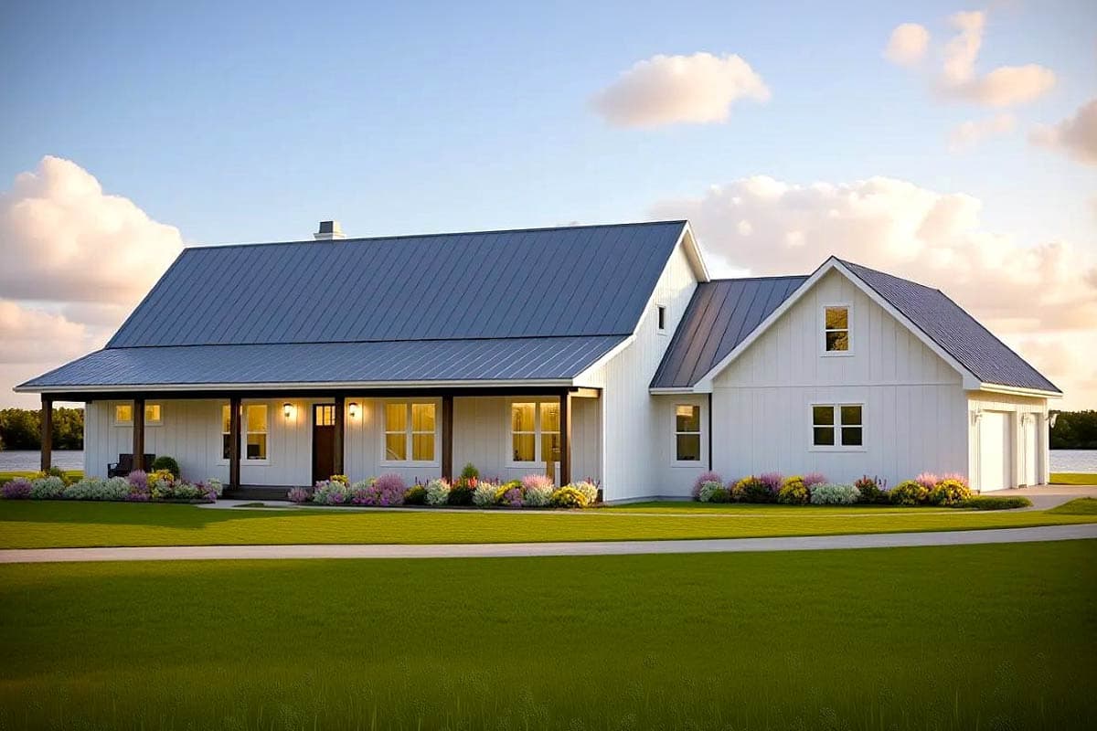 A white farmhouse with a dark blue metal roof sits on a large lawn with flower beds. The home has a wraparound porch and garage.