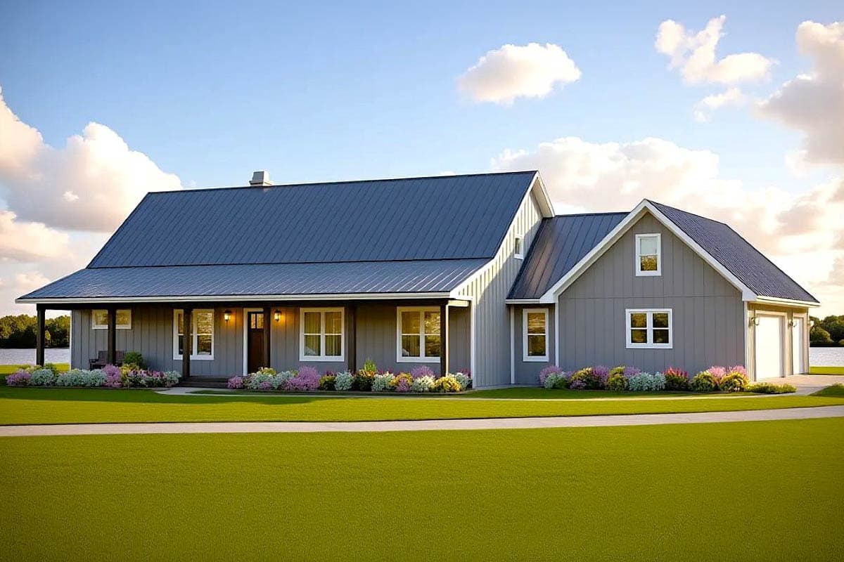 A gray house with a dark blue metal roof sits on a green lawn with flower beds. The home has a porch and a garage on the right side.