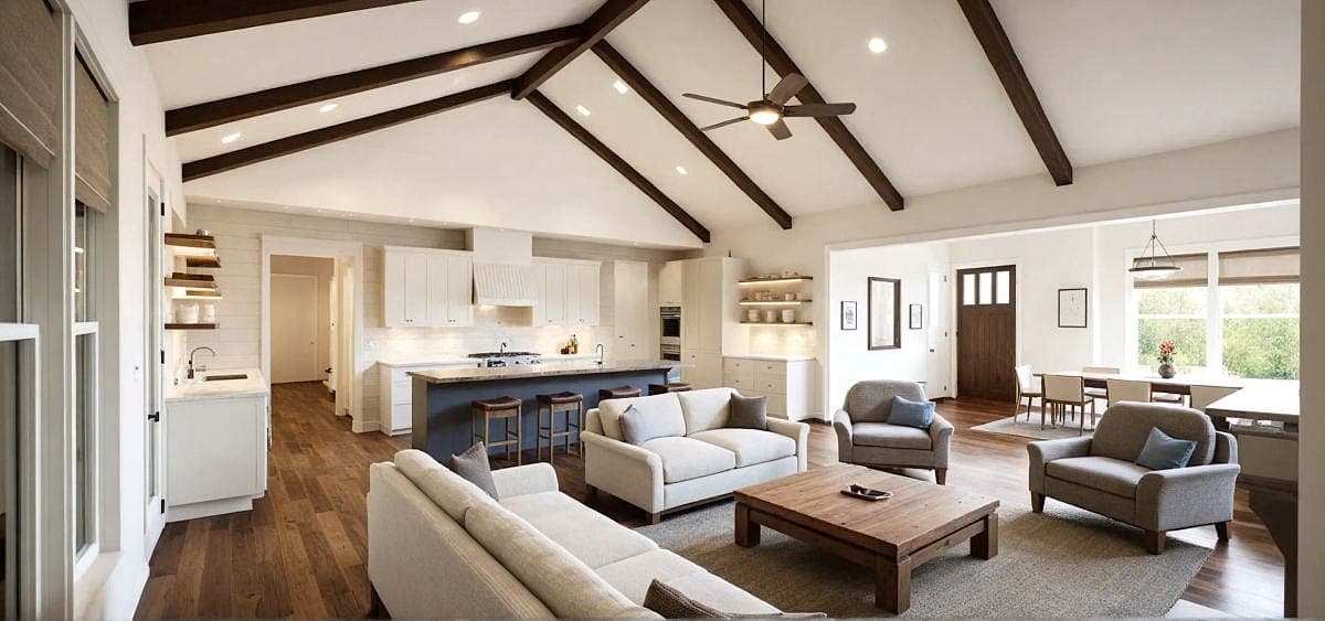 Spacious, open-concept living space with a vaulted ceiling, exposed beams, a kitchen island, and cozy seating area.