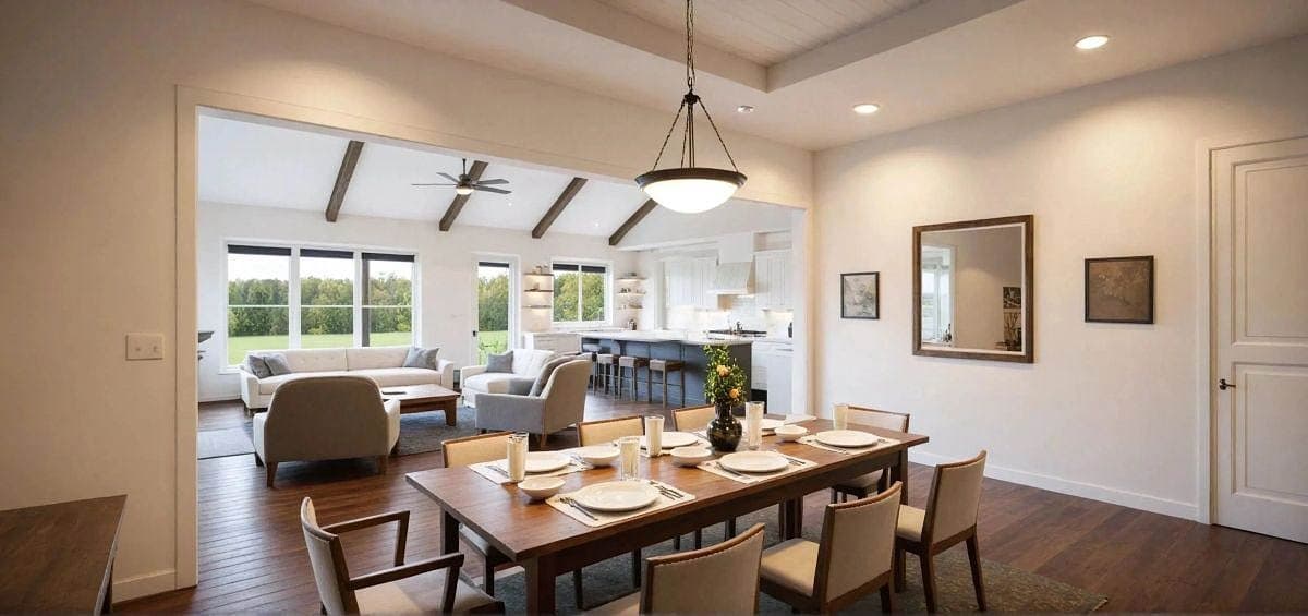 Spacious, open-concept home interior with dining and living areas. A large table is set, adjacent to a living room with a view through large windows.