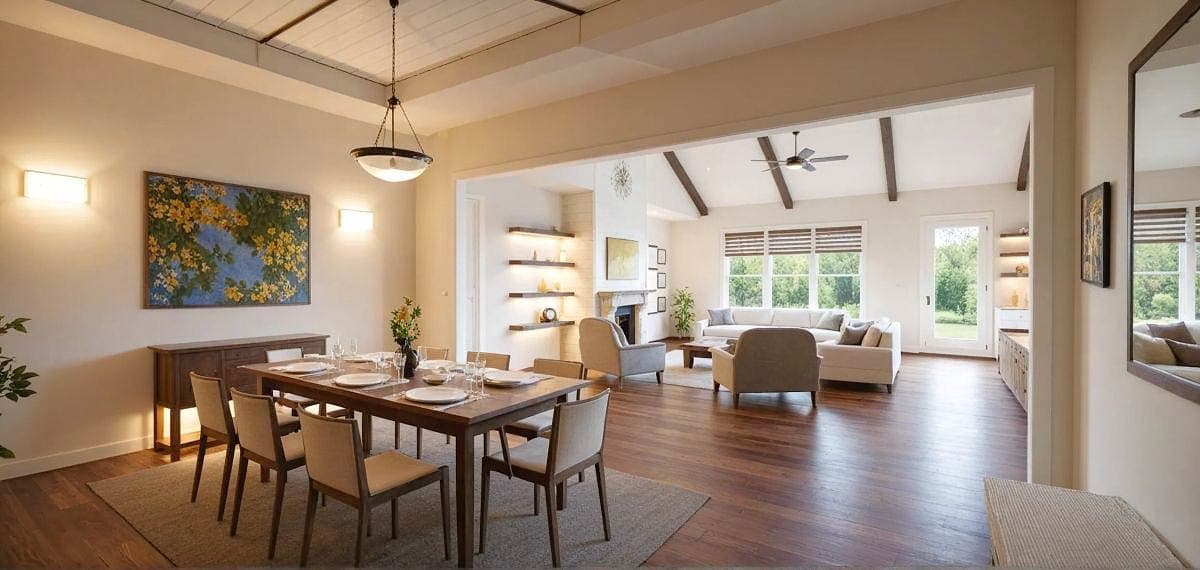 Spacious, open-plan living room with dining area, leading to a living room with a sofa. A painting and chandelier accent the space.