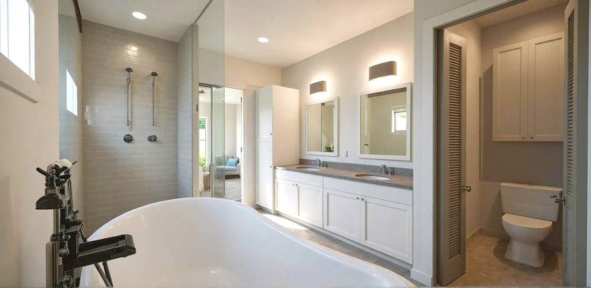 Spacious modern bathroom with a freestanding tub, glass shower, and double vanity. A toilet and storage are in a separate, adjacent room.