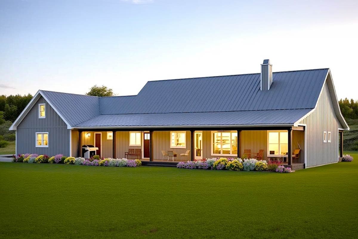 A modern farmhouse with a wrap-around porch, featuring a metal roof and a spacious green lawn with colorful flowerbeds, and lit windows.