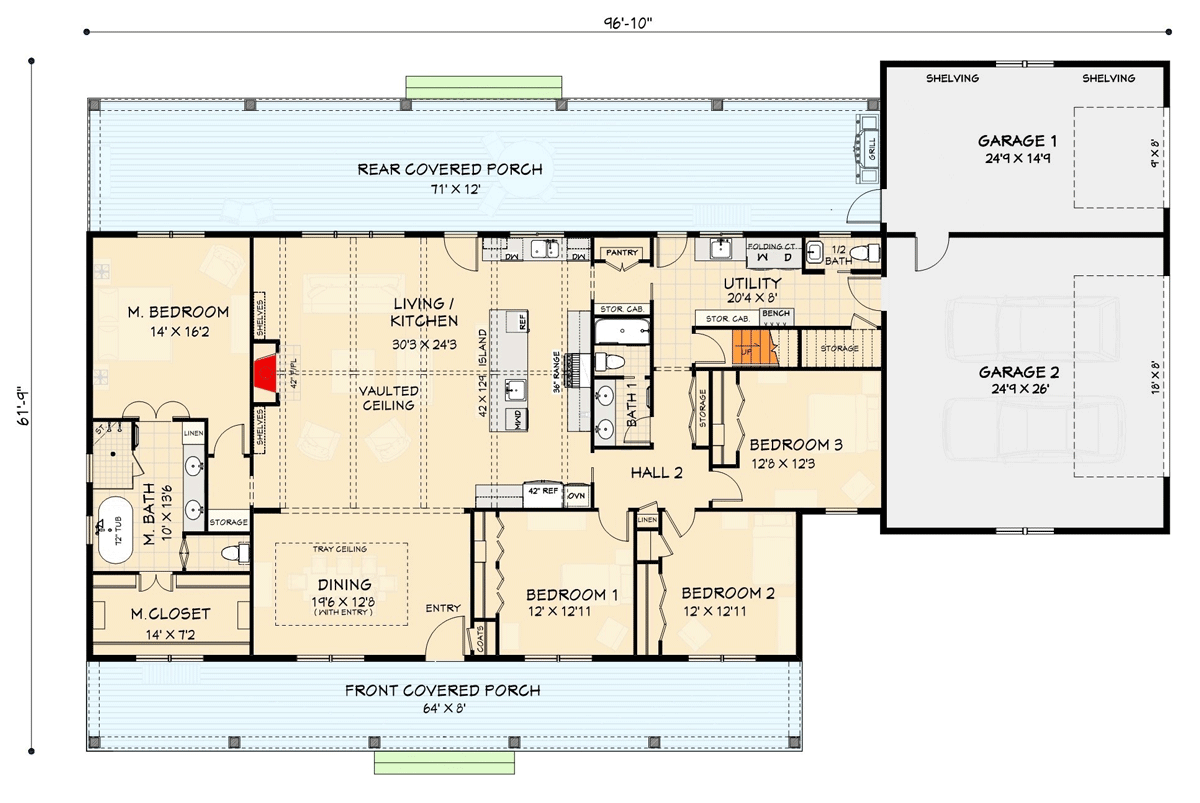 Plan 28946JJ: 4-Bedroom Farmhouse Ranch House Plan with Two Bonus Rooms - 2638 Sq Ft - Floor Plan - Main Level - Country, Farmhouse, Modern Farmhouse, Ranch, Rustic, Traditional