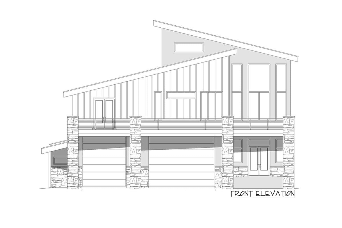 Front elevation drawing of a modern house plan with angled rooflines, stone pillars, a balcony, and a three-car garage.