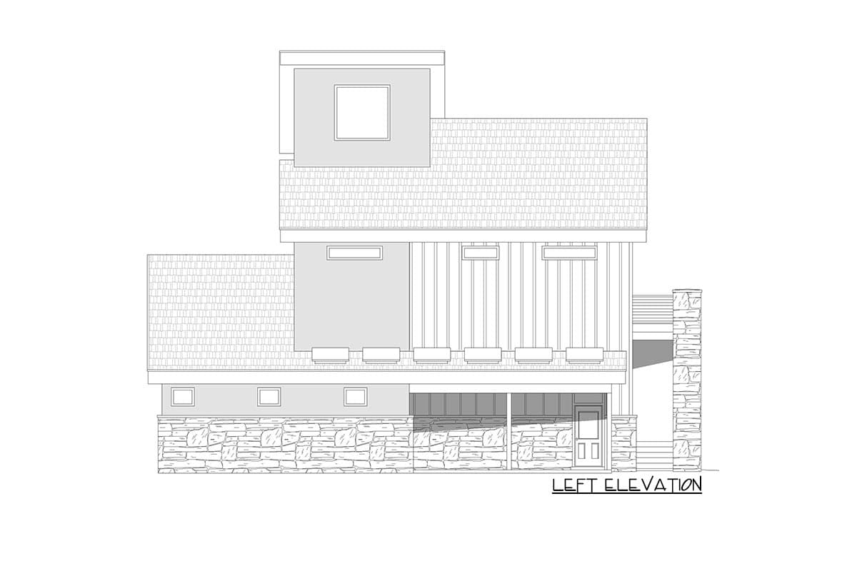 Left elevation drawing of a two-story house with stone base, covered porch, and modern rooflines.