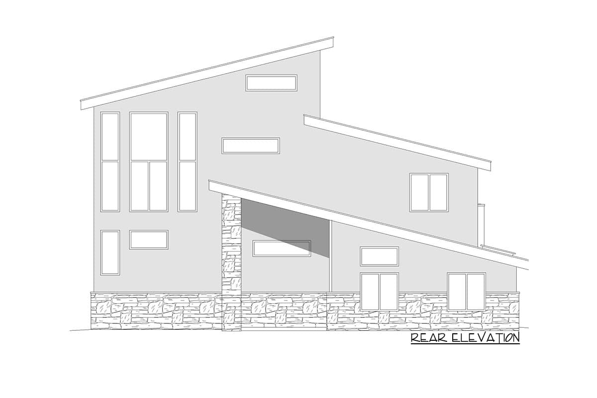 Rear elevation drawing of a multi-story house with a stone base, angled rooflines, and a variety of rectangular windows.