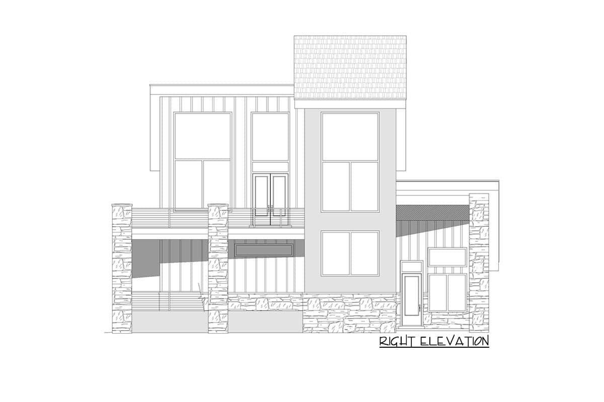Right elevation house plan with stone accents, multiple levels, balconies, and a gabled roof.