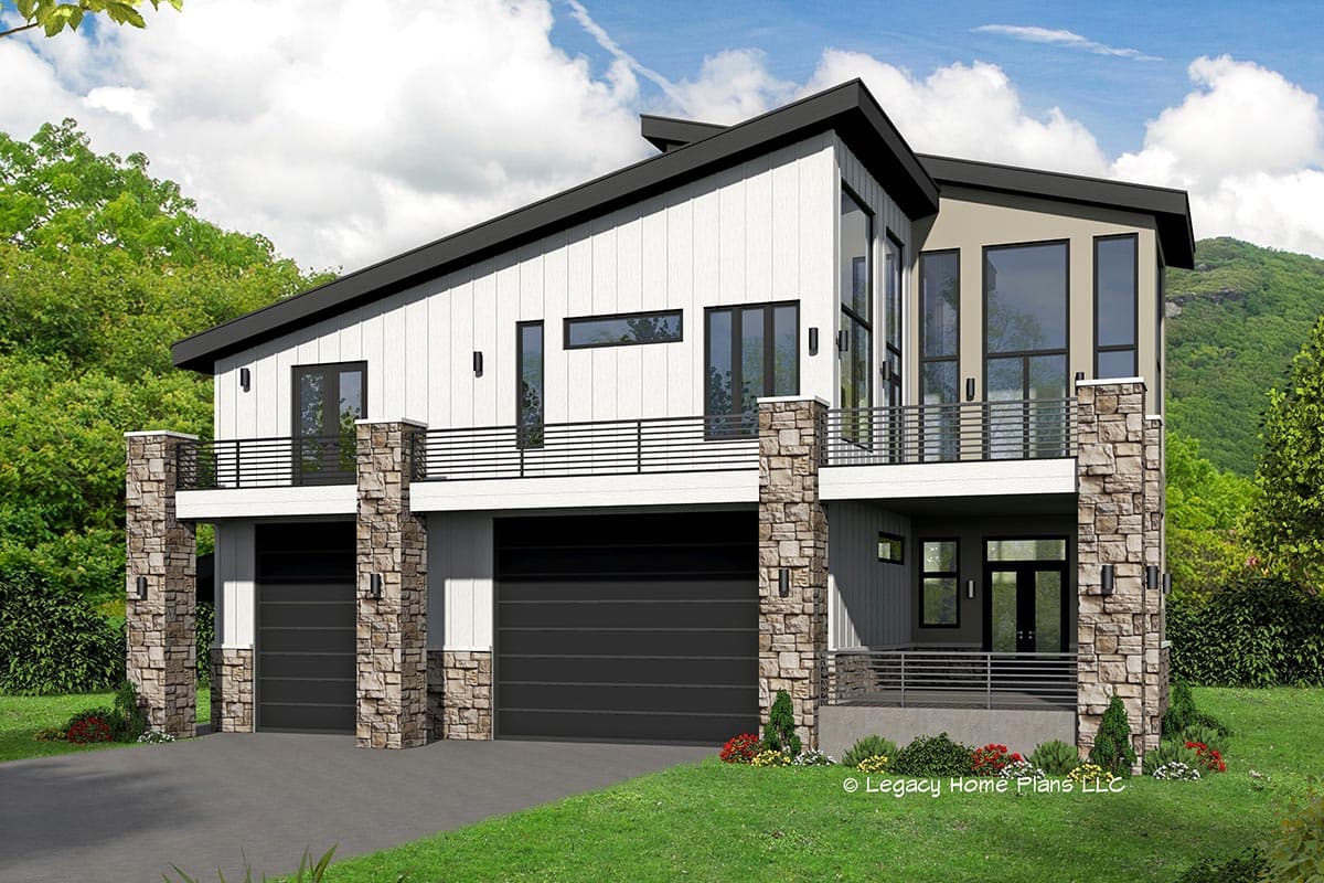 House plan exterior with two stories, Modern style, stone accents, horizontal balcony railings, and a side-entry garage.