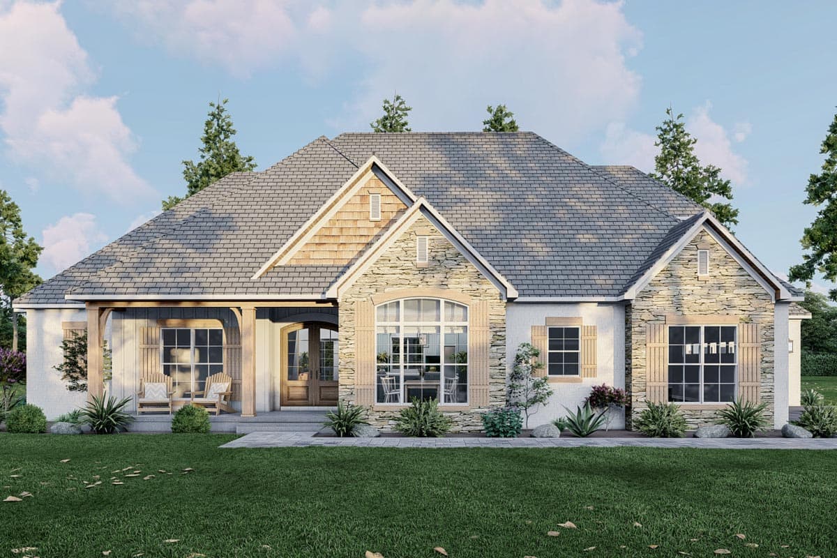 House plan exterior with stone accents, wood shutters, and gable roof. Features include a front porch with exposed beams and a combination of windows.