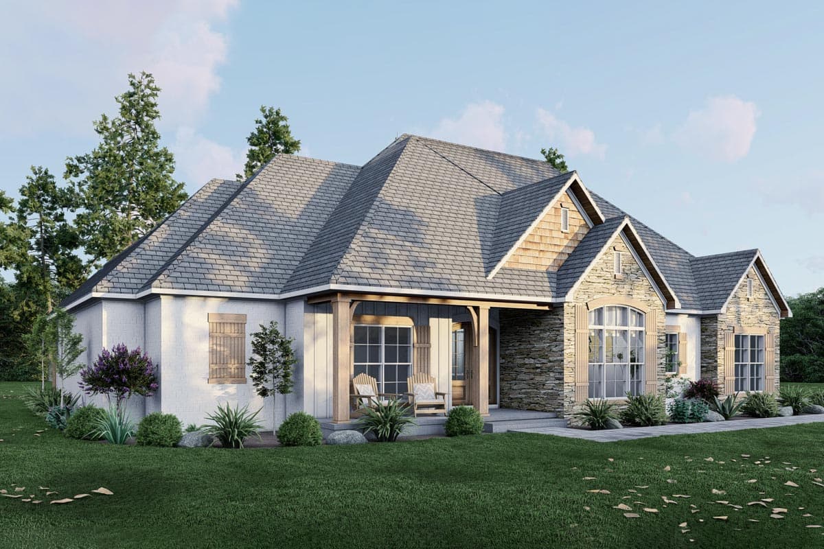 House plan exterior: one-story Modern Farmhouse with covered porch, stone accents, gables, and multi-level rooflines.